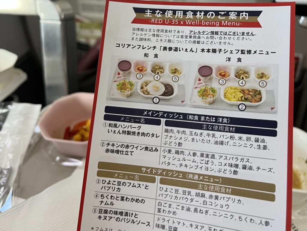 羽田～バンコクJAL便の機内食